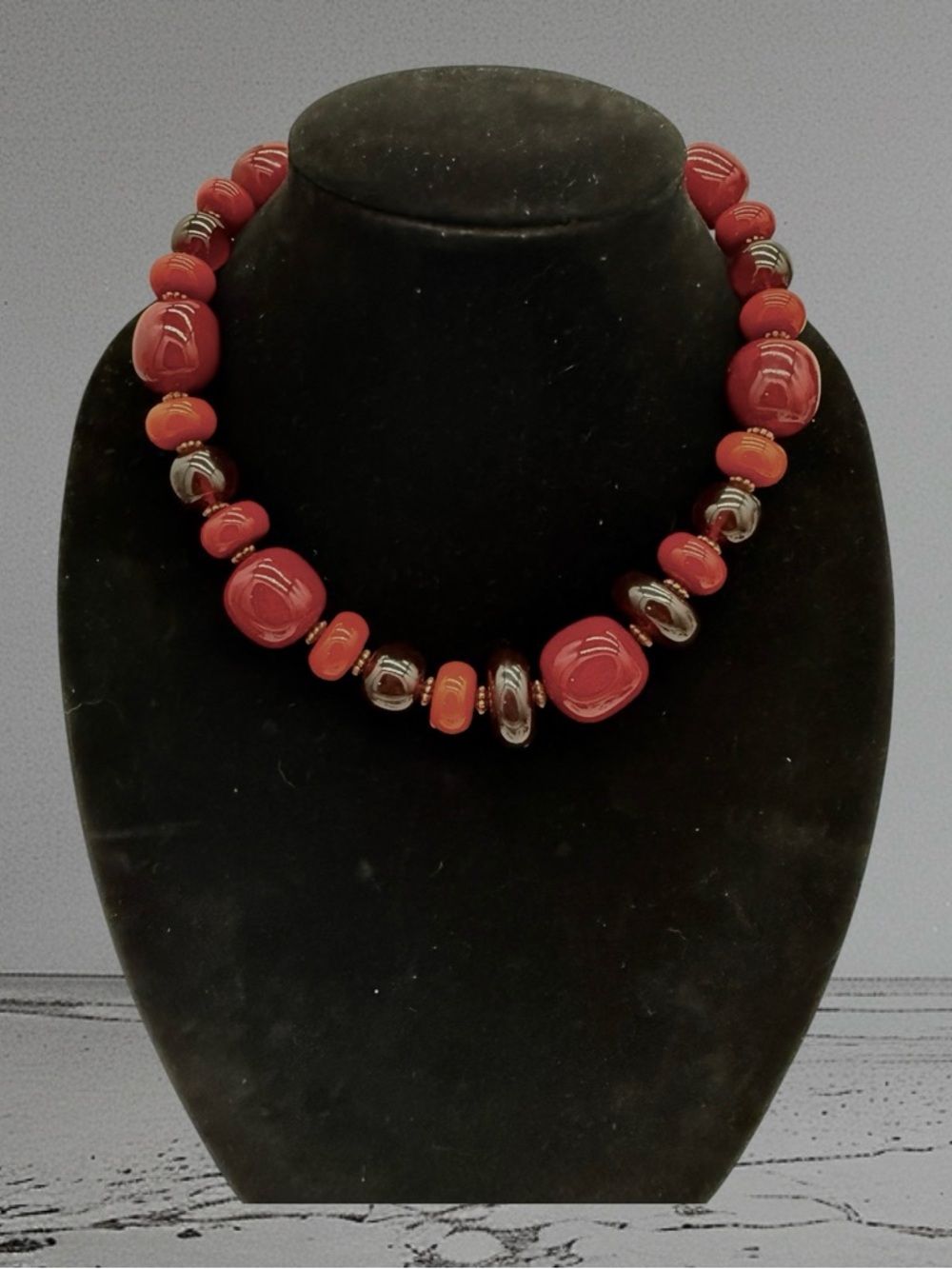 Red Beaded Acrylic Chunky Statement Necklace 17.5-20.5” - Picture 5 of 5